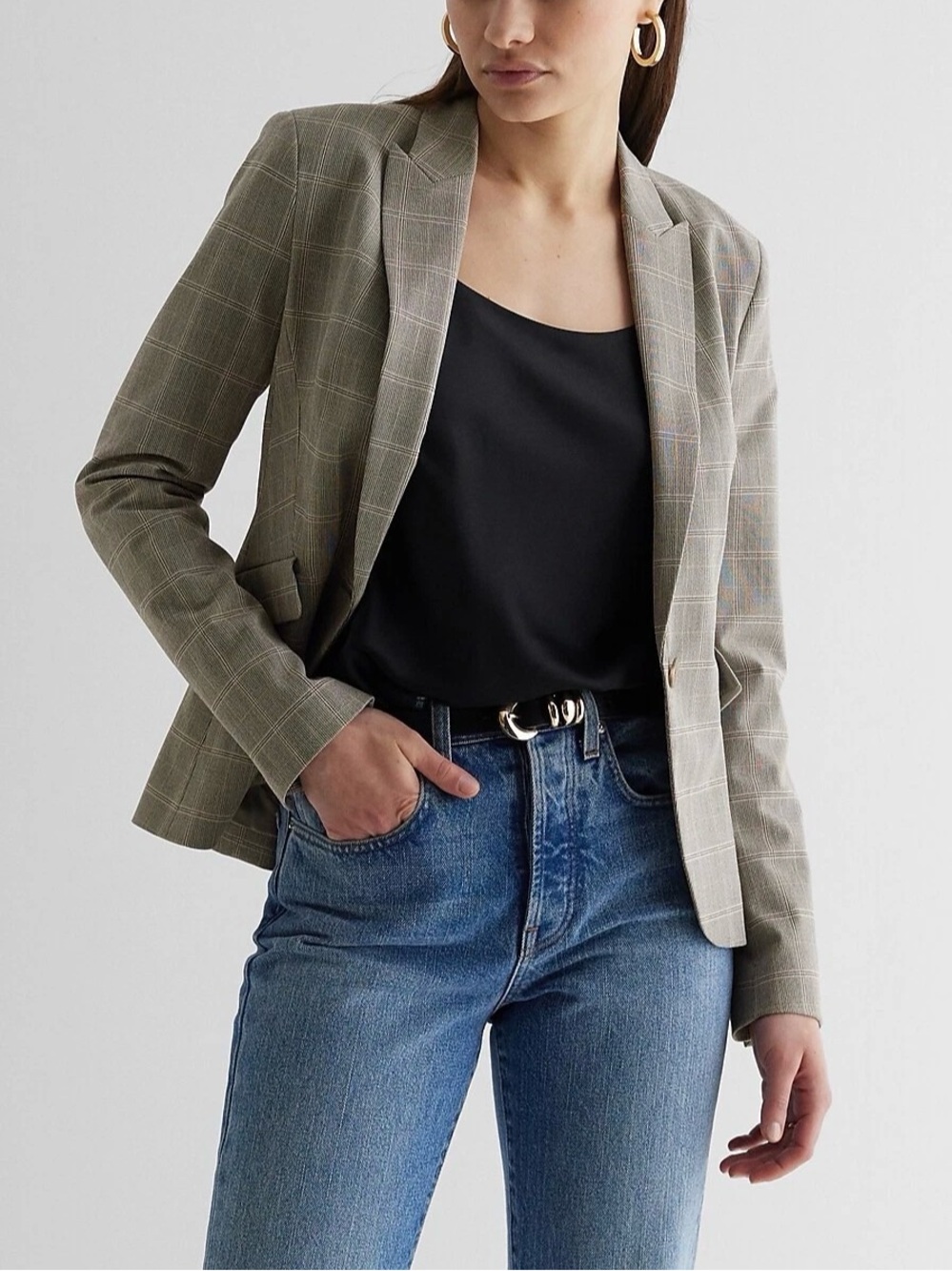 Express Plaid Boyfriend Blazer Jacket Size Medium NWT Neutral Tan Olive